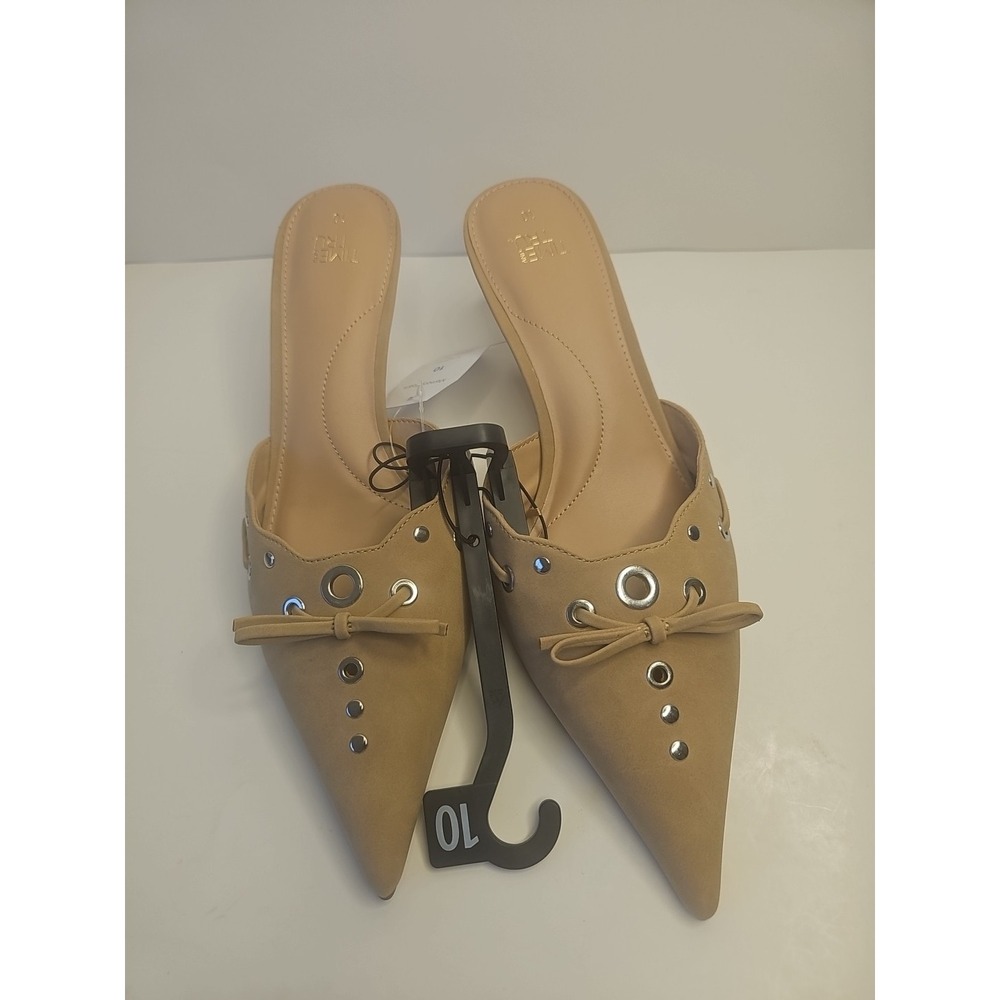 Women’s Tan Pointed Toe Slip-On Mules with Eyelet Detail